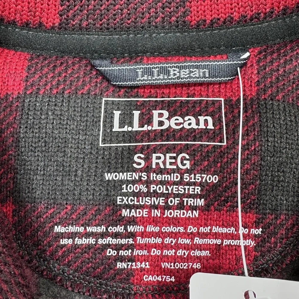 LL Bean Sweater Fleece Long Vest Womens Small Red Buffalo Plaid Full Zip Pockets